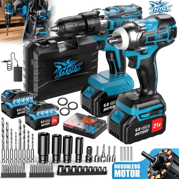 DGB Brushless Cordless Power Tool Combo Kit Lithium Wireless Drill Driver & Impact Wrench Set Portable High Torque Power Tools for Automotive Tire Repair Mechanical Garage Workshop Maintenance Jobs