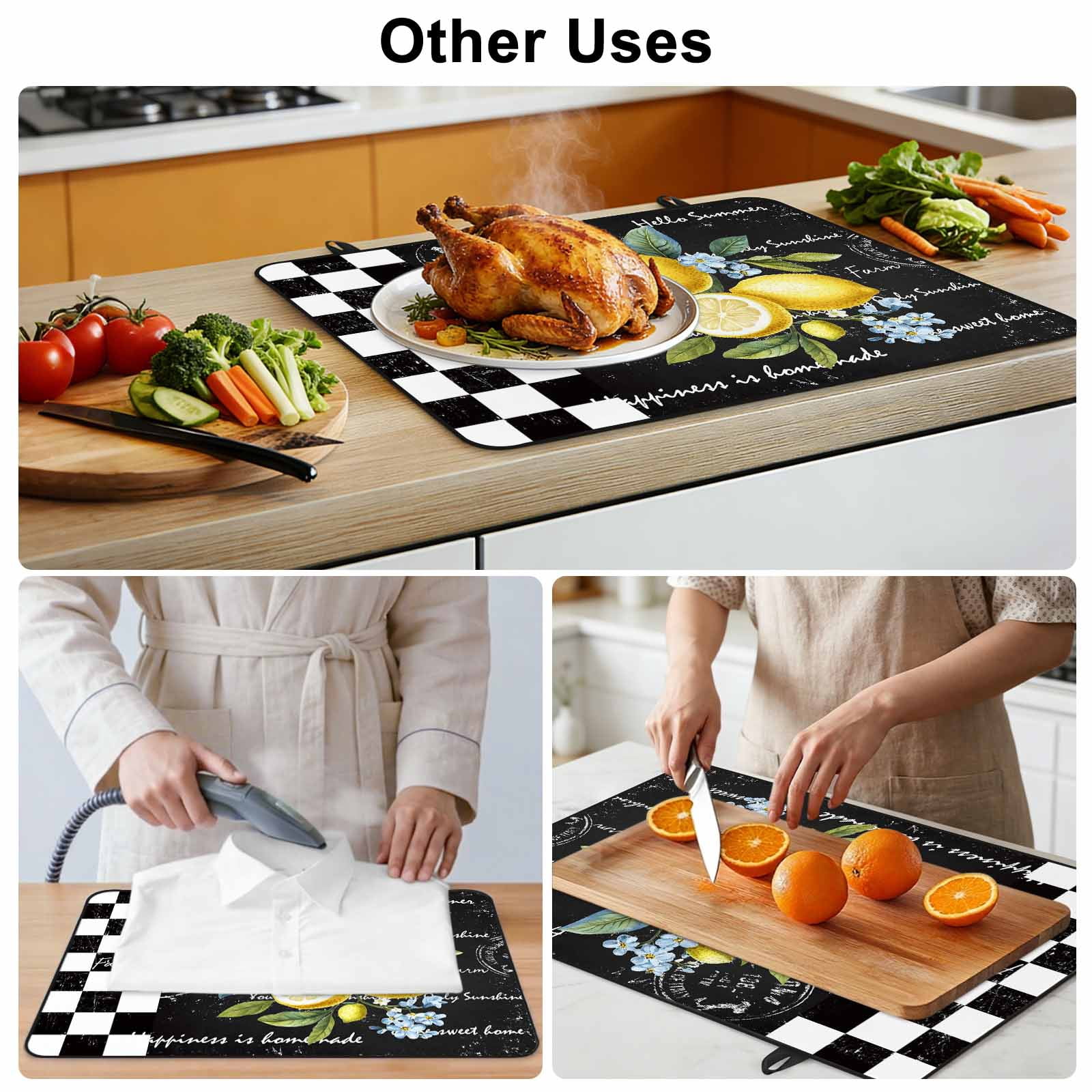 Summer Lemon Stove Top Cover for Electric Stove, Heat-proof & Non Slip Glass Top Stove Cover Protector, Vintage Black Plaid Blue Spring Floral Kitchen Flat Cooktop Rubber Mat 24x21 Inches