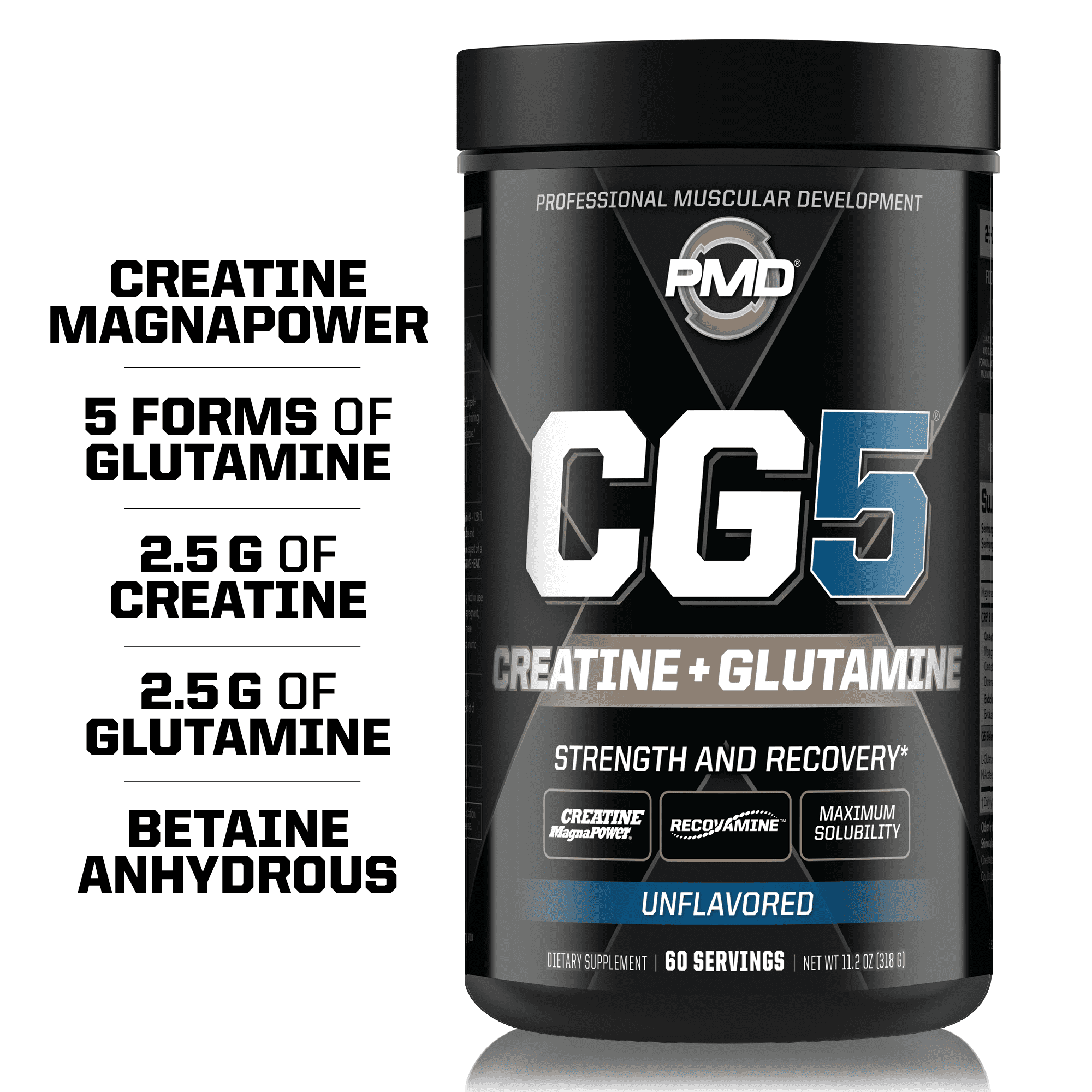 PMD Sports CG5 Creatine and Glutamine Powder-Maximum Strength Power & Recovery, Build Lean Muscle, Increase Performance - Pre Workout and Post Workout - Unflavored (60 Servings)