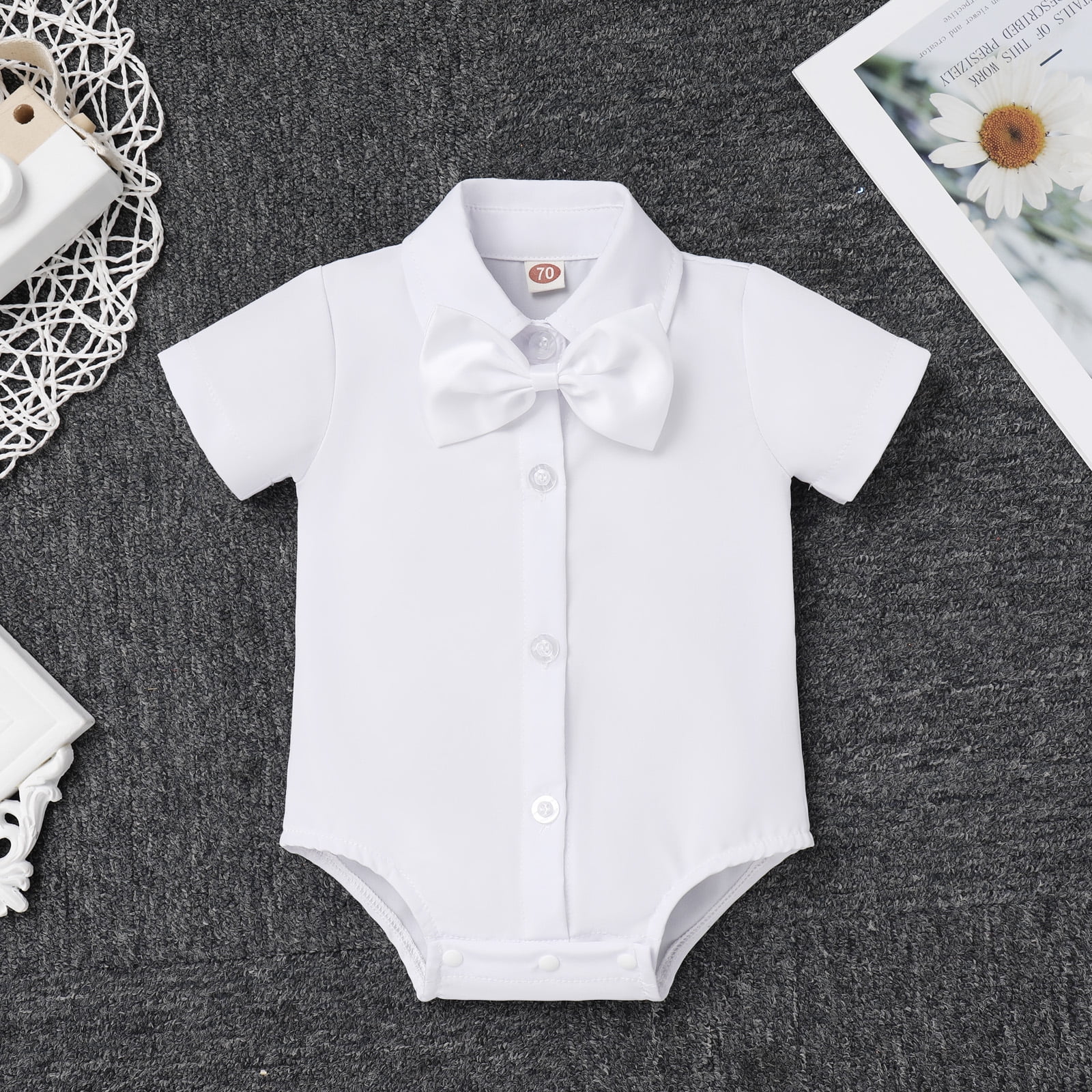 Baby Boys Baptism Christening Outfits Gentleman Formal Suit Bowtie Romper Vest Shorts Pants White Wedding Tuxedo Party Outfits First Birthday Cake Smash Clothes 4PCS Set (White Bowtie, 18-24 Months)