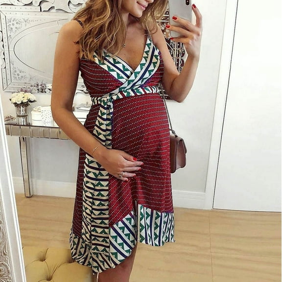 Up to 65 off!Lolmot Womens Boho Maternity Dress Sexy Wrap V Neck Sleeveless Dress Summer Tie Waist Cross Backless Spaghetti Strap A-Line Dress for Nursing Baby Shower