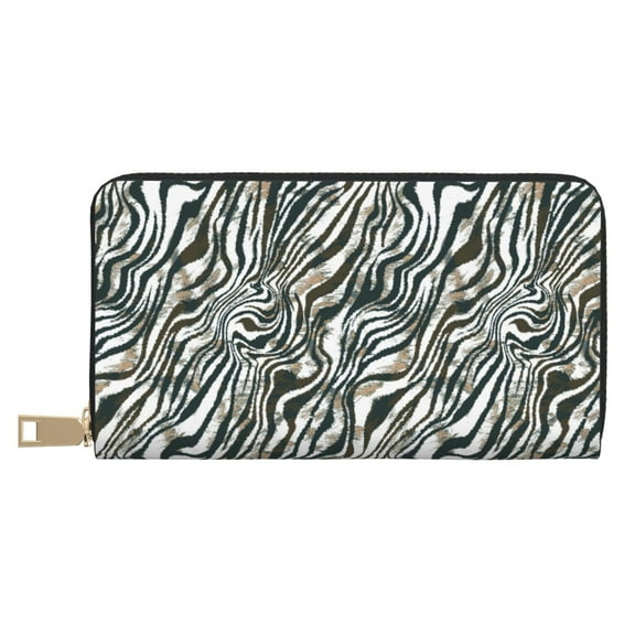 Leather Thin Slim Wallets for Women Men - Zebra print black white Clutch Card Wallet for Women Men with Zipper