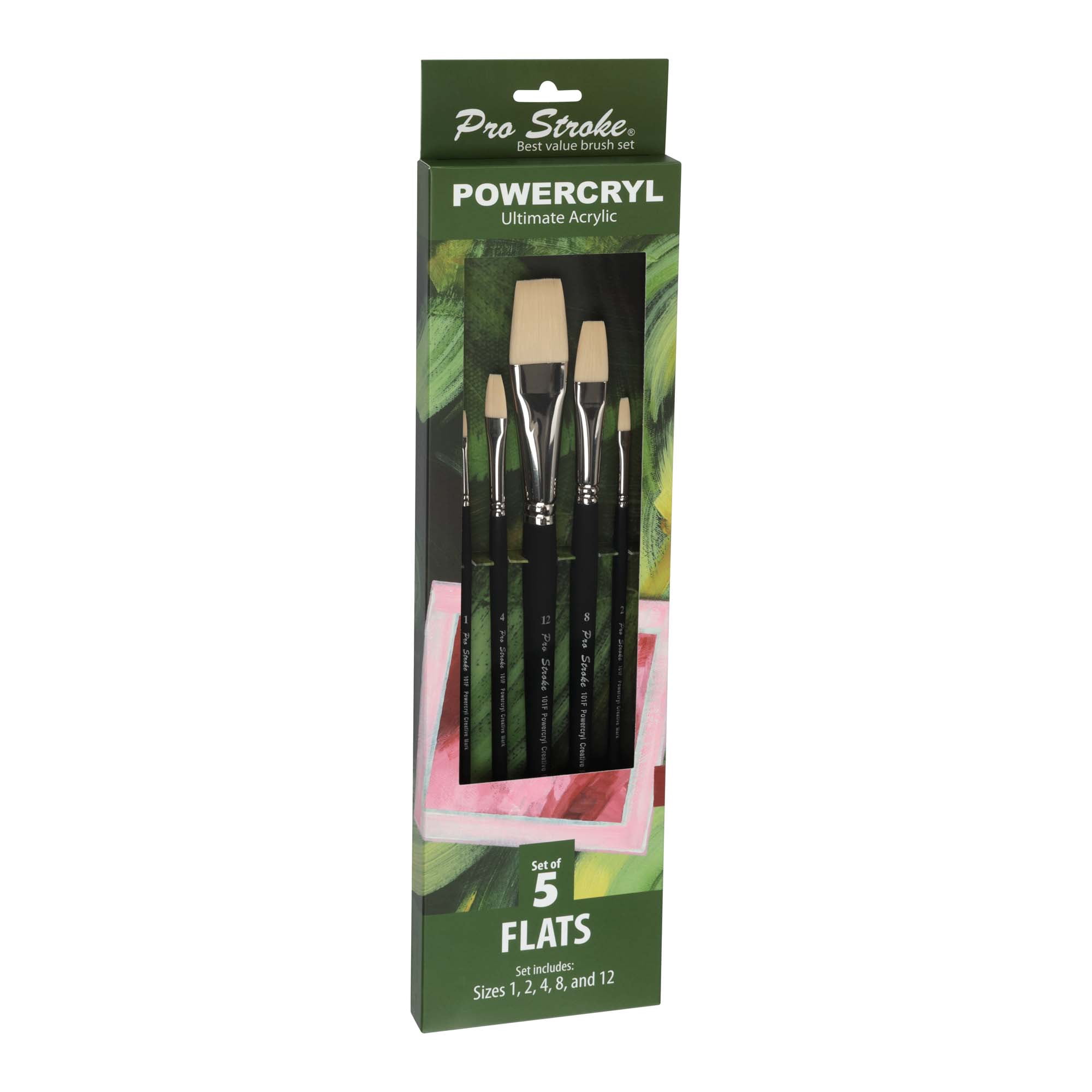 Creative Mark Pro-Stroke Powercryl Acrylic Paint Brushes - Flats Value Set of 5, Synthetic Paint Brushes for Artists, Seamless Nickel-Plated Ferrules, Matte Black Wooden Handle, Soft-Touch Grip