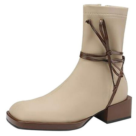 

fvwitlyh Ankle Boots for Women Tan Boots for Women Ladies Fashion Solid Color Leather Square Toe Side Zipper Heel Winter Boots for Women Size 10