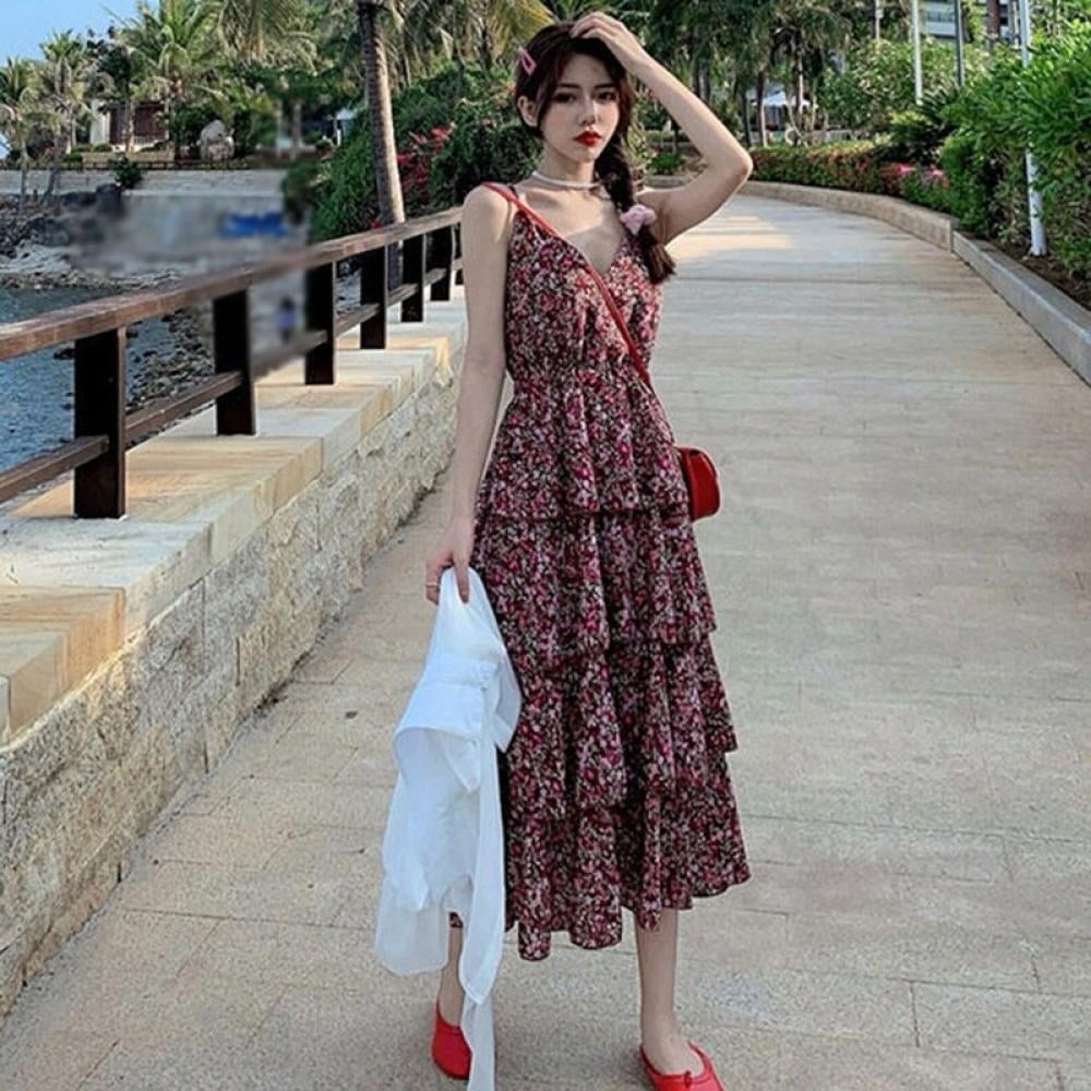 Summer Korean Sleeveless Dresses Women Long Dress Floral Printed Spaghetti  Strap Sling Elegant Casual Chiffon V-Neck Black XL - Walmart.ca