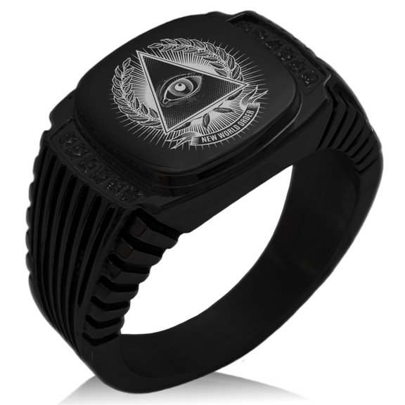 Stainless Steel All Seeing Eye New World Order CZ Ribbed Needle Stripe Pattern Biker Style Polished Ring