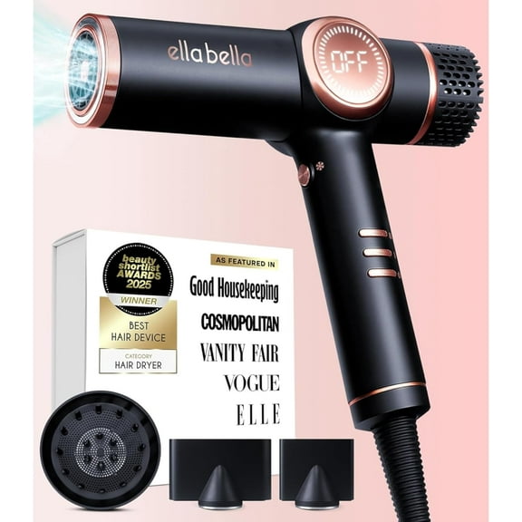 ELLA BELLA® Professional Ionic Hair Dryer with Diffuser, Negative Ion Blow Dryer, Suitable All Hair Types • Intelligent Heat Control & Rapid Drying Speeds • Lightweight Design & Low Noise (Black)