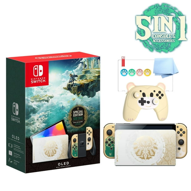 Nintendo Switch OLED The Legend of Zelda: Tears of the Kingdom Edition, Green & Joy-Con, 64GB Console, Hylian Dock, Mytrix Perry Wireless Pro 3 Accessories: 5 in 1 Bundle -JP