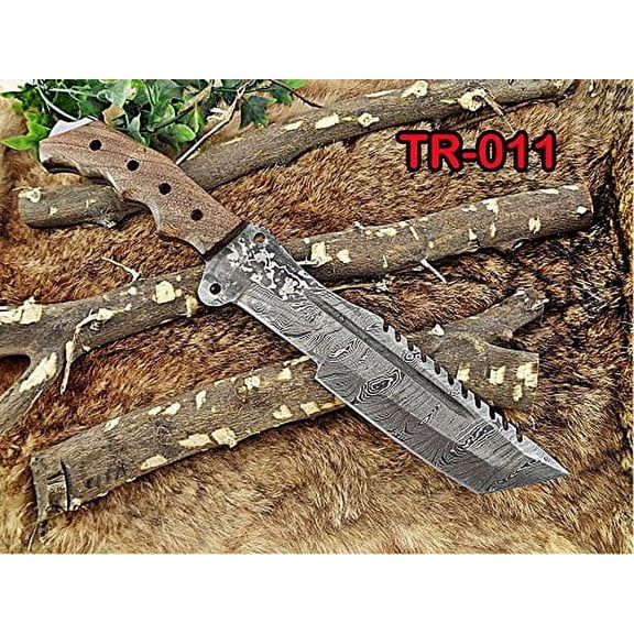 14" Long hand forged Damascus steel tracker knife full tang Tanto blade, Natural rose wood scale with hole, cow hide leather sheath