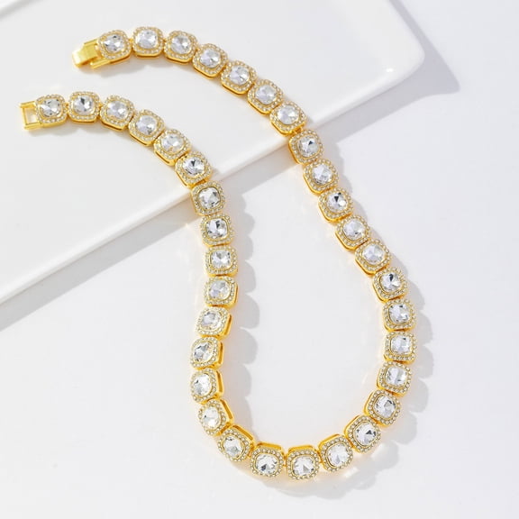 Iced Out Rhinestone Cuban & Tennis Chain Necklace for Men Women, Gold Silver Tone Bling Fashion Jewelry, 16-30 Inch