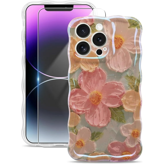 Oil Painting Flower Compatible with iPhone 12 Pro Max Case [with 9H Tempered Glass Screen Protector] Colorful Retro Floral Cute Curly Wave Frame Women Girly Cover for Apple 12 Pro Max (Green)
