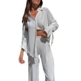 thumbnail image 3 of Biekopu Women Two-piece Pants Suit, Solid Color Long Sleeve Blouse and Straight Fit Trousers, 3 of 9