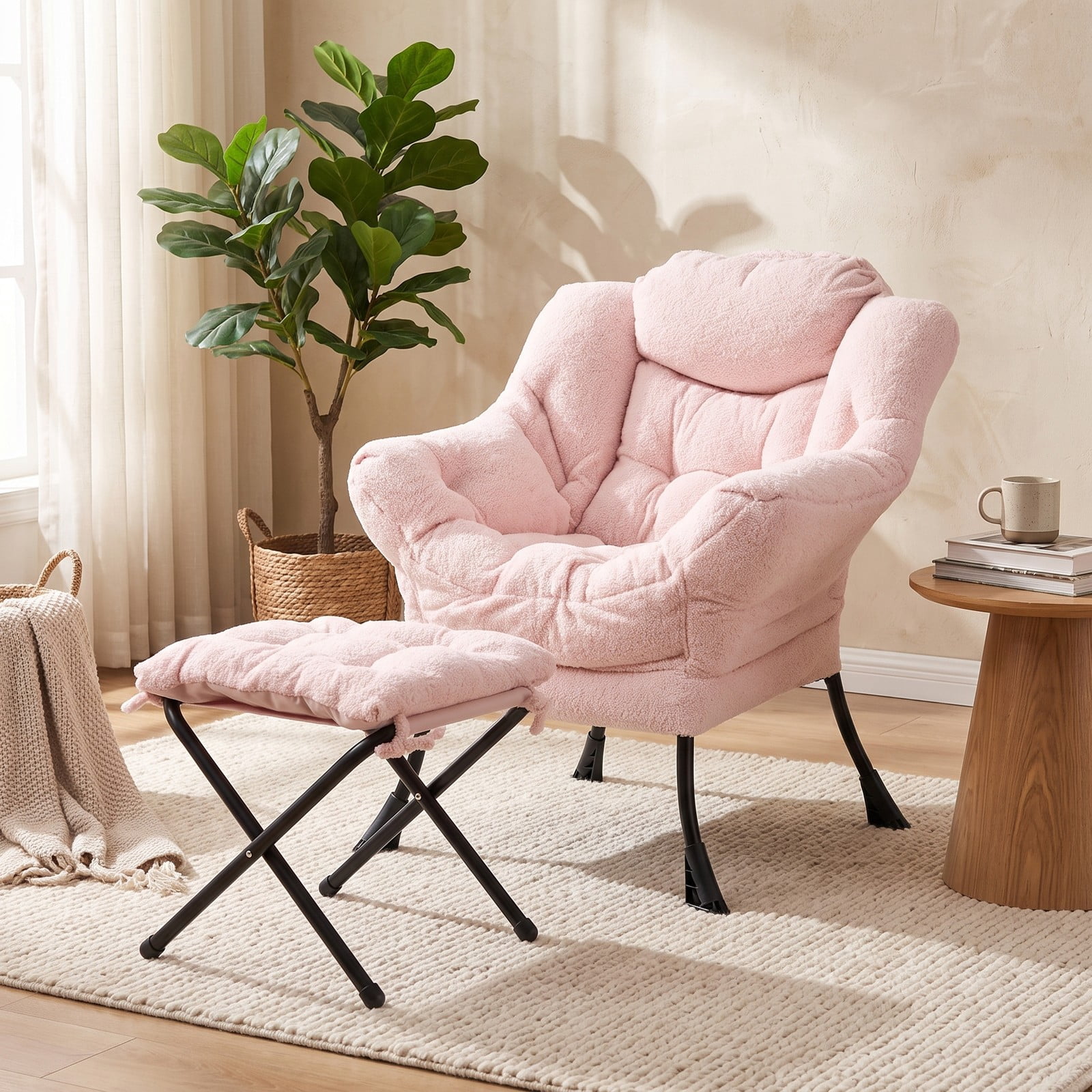 Furnibear Modern Accent Chair with Folding Footrest and Head Pillow, Sherpa Upholstered Ergonomic Living Room Lounge Armchair with Ottoman, Side Pocket and, Pink