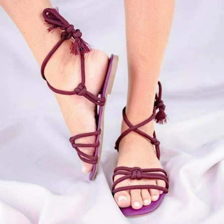 

UTTOASFAY Women S Sandals On Clearance Plus Size Knot Rope Beach Open Toe Cross Strap Flat Sandals Women Rollback