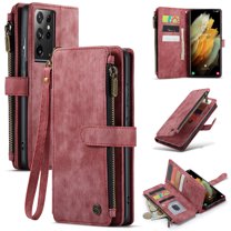 for Samsung Galaxy S21 Case, Wallet Case with Card Holder Kickstand Magnetic Zipper Pocket Lanyard Strap Wristlet,Leather Flip Case Wallet for Samsung Galaxy S21,Red