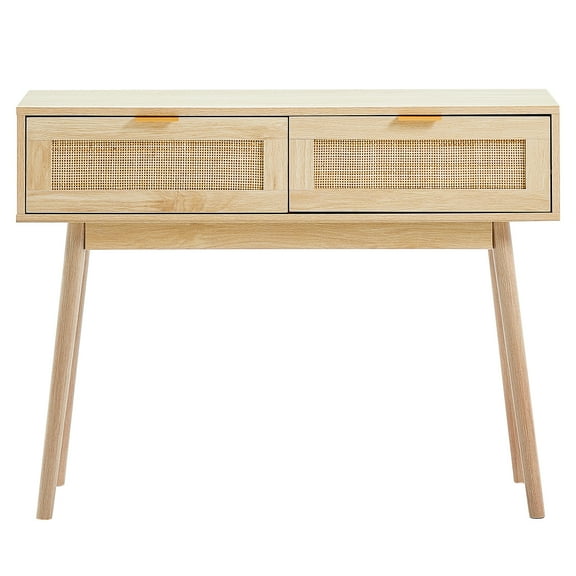 KFFKFF Natural Finish Rattan Console Table with Two Storage Drawers and a Sliding Rattan Door, Perfect for Living Rooms, Hallways, or Serving as a Television Stand