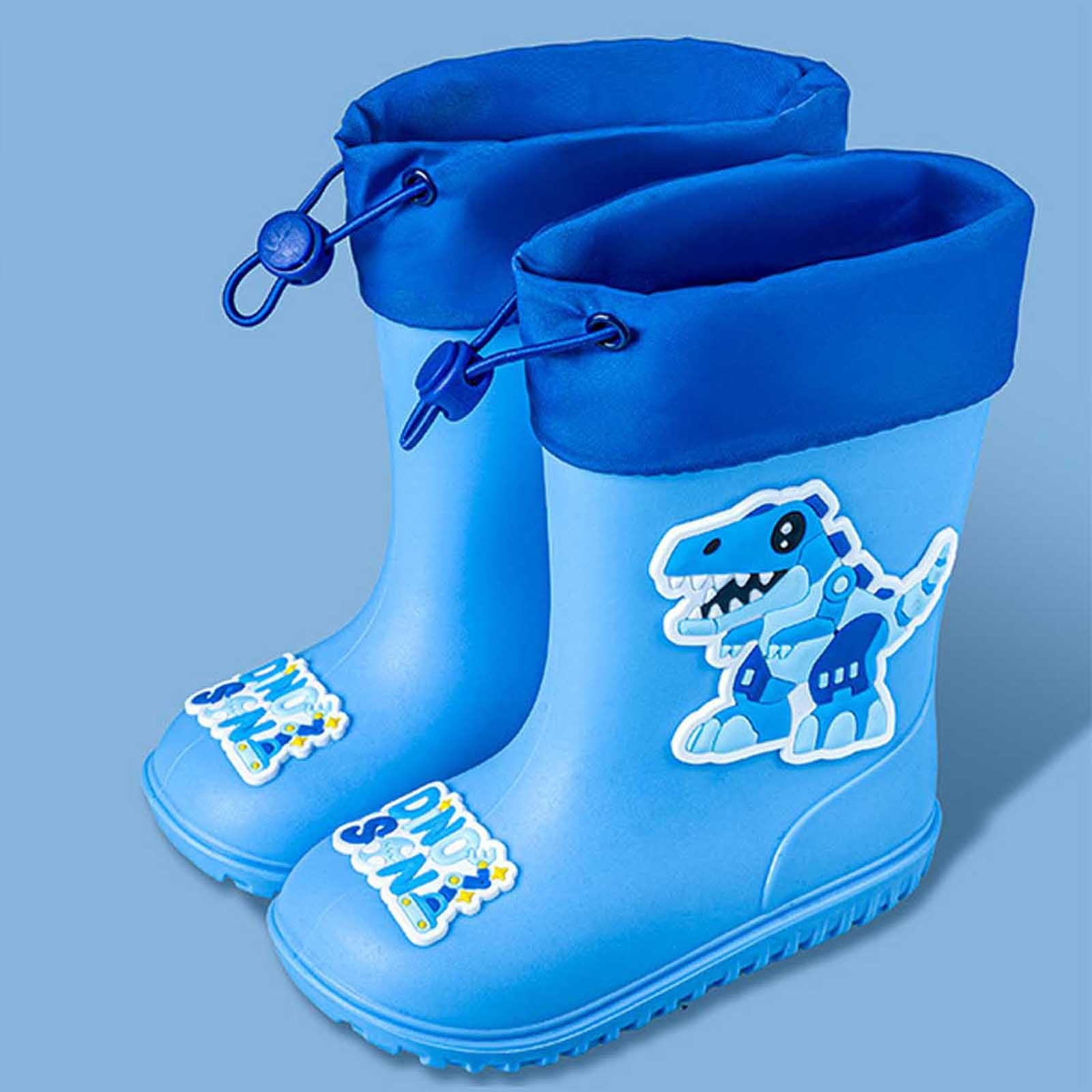 Wuxian Rain Boot For Girls Rain Boots Lightweight Anti- Cute Cartoon Dinosaur Pattern Rain Booties Waterproof Soft Sole Easy Put On Drawstring Rainy Shoes,Blue,11-11.5T