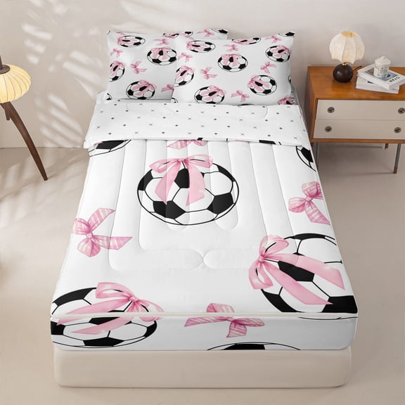 Homewish Cute Pink Bowknot Zipper Full Size Comforter Sets with Fitted Sheet and 2 Pillowcases for Kids, Football Soccer Zipper Bedding Set, Reversible, 4 Pieces