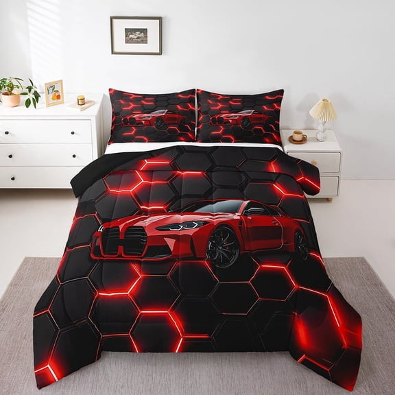 Erosebridal Fast Car Bedding Twin Comforter Set,Black Red Down Comforter,Car Theme Bedding Sets Twin with Comforter,Microfiber Geometric Room Decorative,Reversible,3pcs