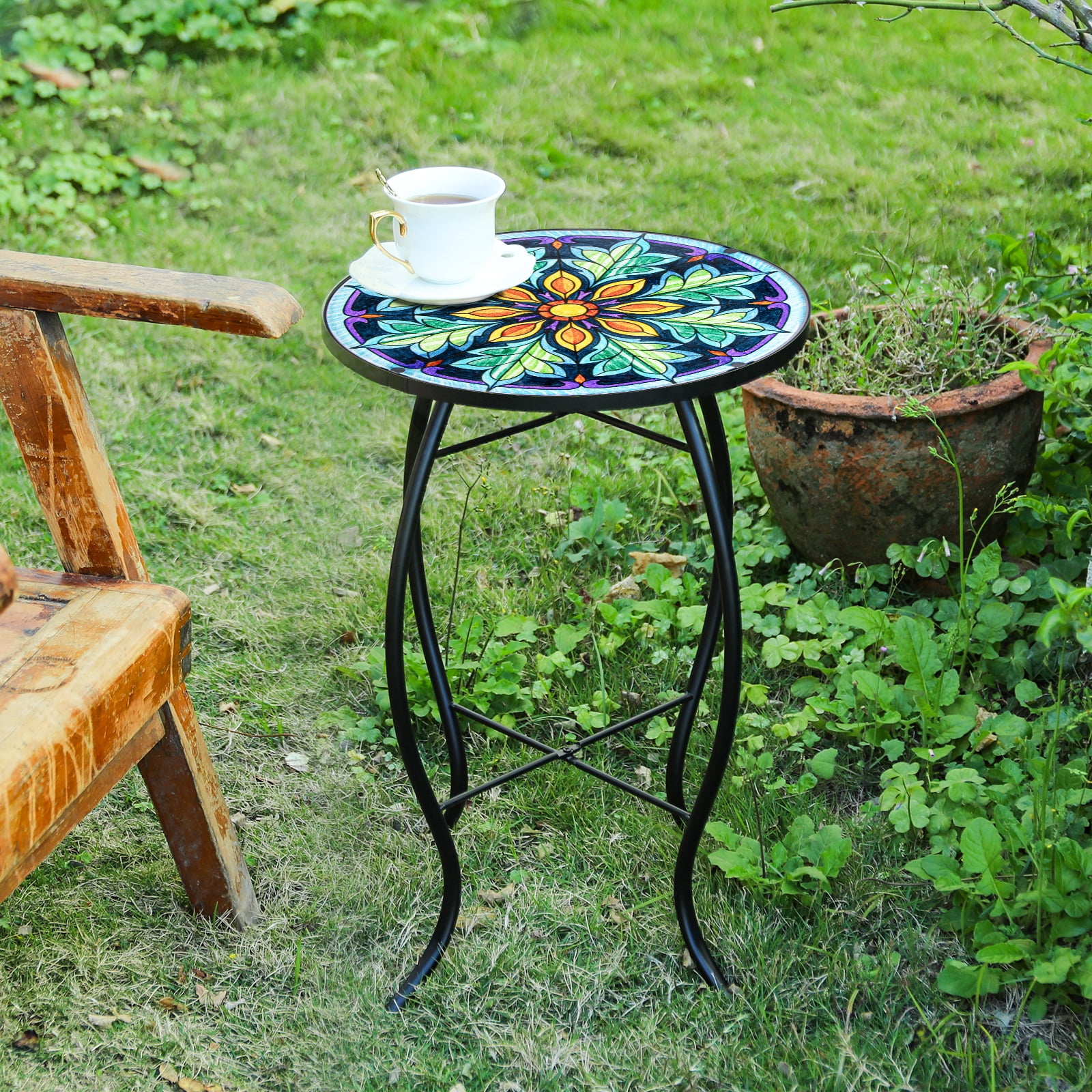 Stained Glass Floral Mandala Side Table – Round Accent Table, Indoor/Outdoor End Table,Indoor/Outdoor Patio/Living Room Decor
