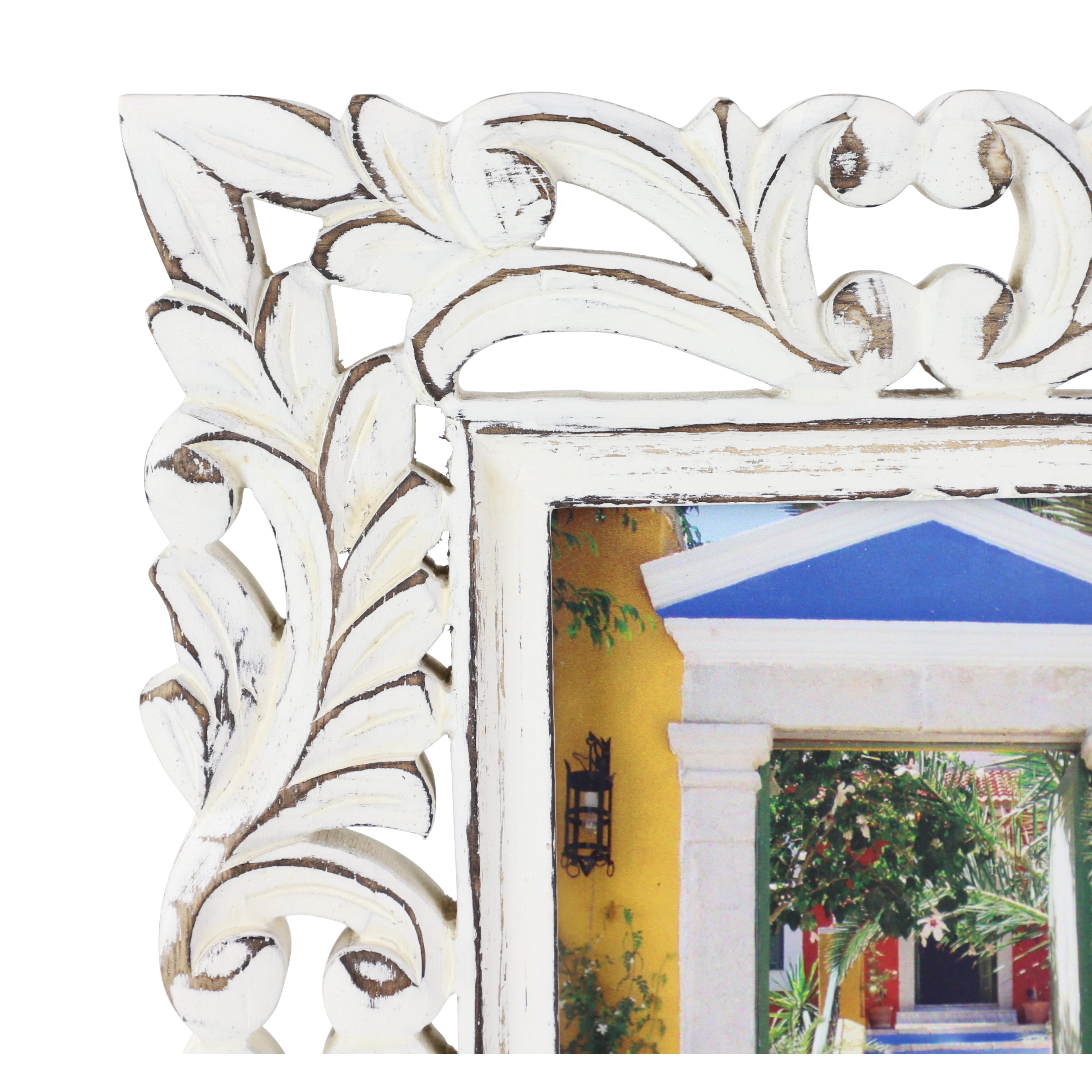 DecMode 5" x 7" Handmade Intricate Carved White Scroll Photo Frame