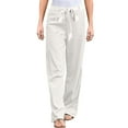 thumbnail image 1 of Pantalones anchos de algodón y lino para mujer: cintura alta elástica, cordón, transpirables, ropa informal para la oficina y la playa, tallas S-XXL, cintura de 66 a 88 cm., 1 of 6