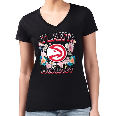 Women s G-III 4Her by Carl Banks Black Atlanta Hawks Super-Slim Fit Lightweight Flowers Team Logo Graphic V-Neck