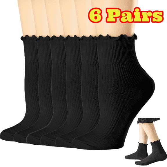 6 Pairs Black Ruffle Socks for Women, Cute Ankle Winter Warm Knit Cotton Frilly Socks