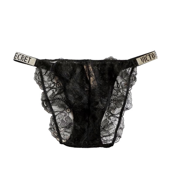 Victoria’s Secret Very Sexy Shine Logo Strap String Bikini Black Lace Panty Size Large NWT