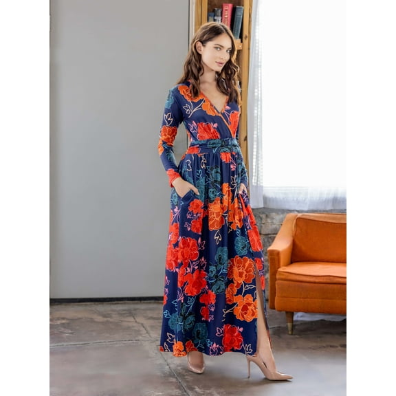 Womens Floral Print Wrap Maxi Dress