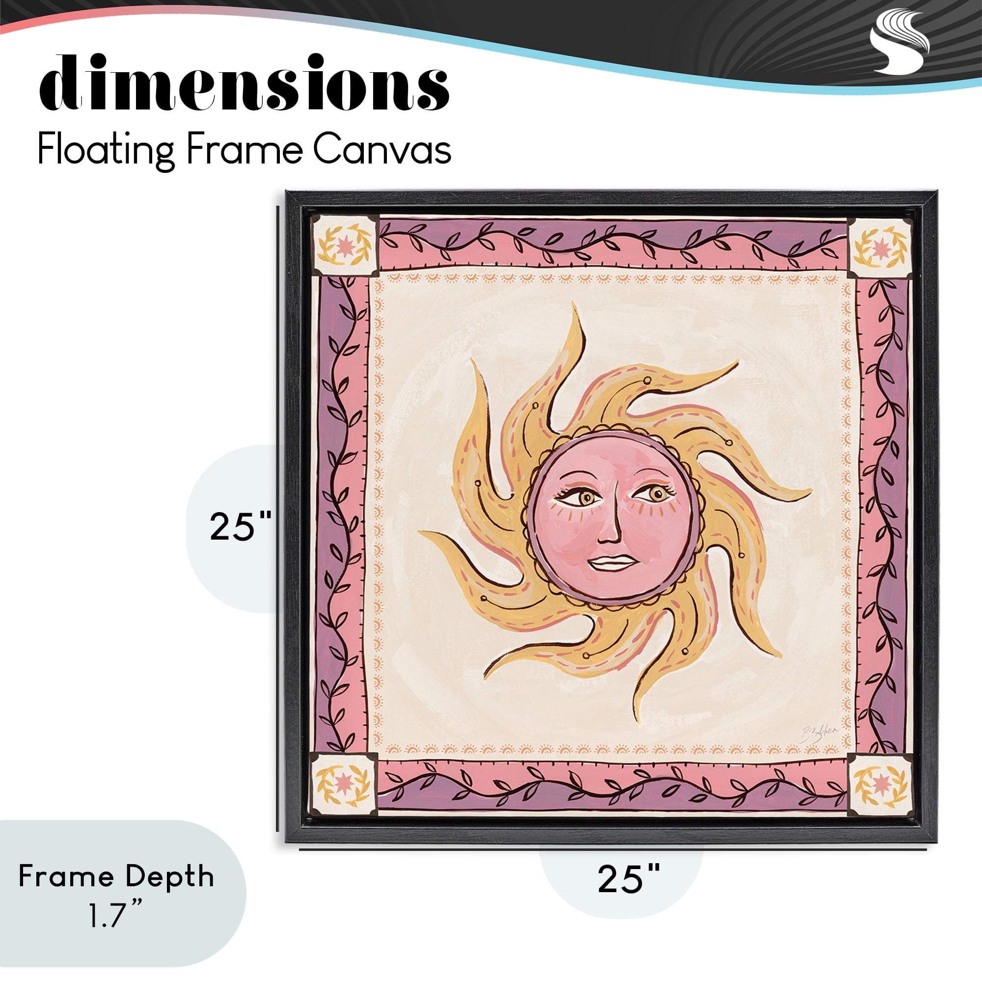 Stupell Industries Pink Sun Face with Leaf Border Black Framed Floater Canvas Wall Art, design by Two If By Sea Studios
