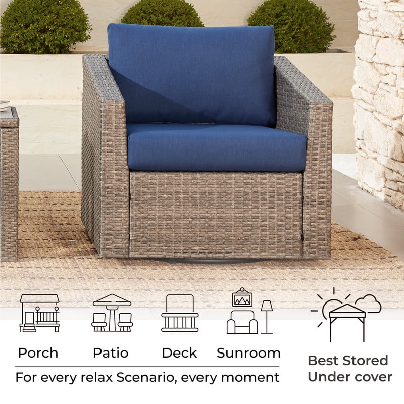 CHITA 2-Piece Outdoor Swivel Gray Wicker Chair with Cushion, Blue