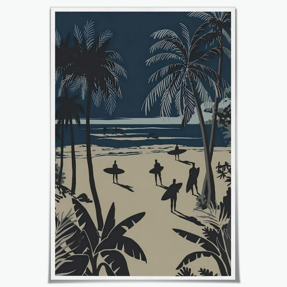 shiyou-Retro Surfing Palm Trees Poster Coastal Wall Art Canvas Print Summer Beach Tropical Scene Art Wall Decor Ocean Sea Scenery Pictures Painting for Bathroom Living Room Bedroom 12x18inch Unframed