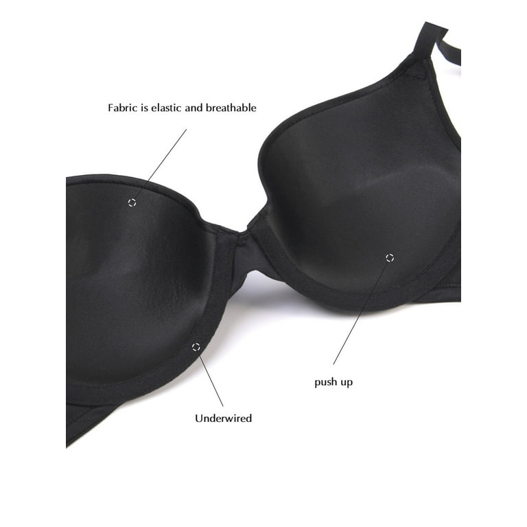 Deyllo Women's Plunge Super Padded Push Up Underwire T Shirt Bra, Black 32DD  