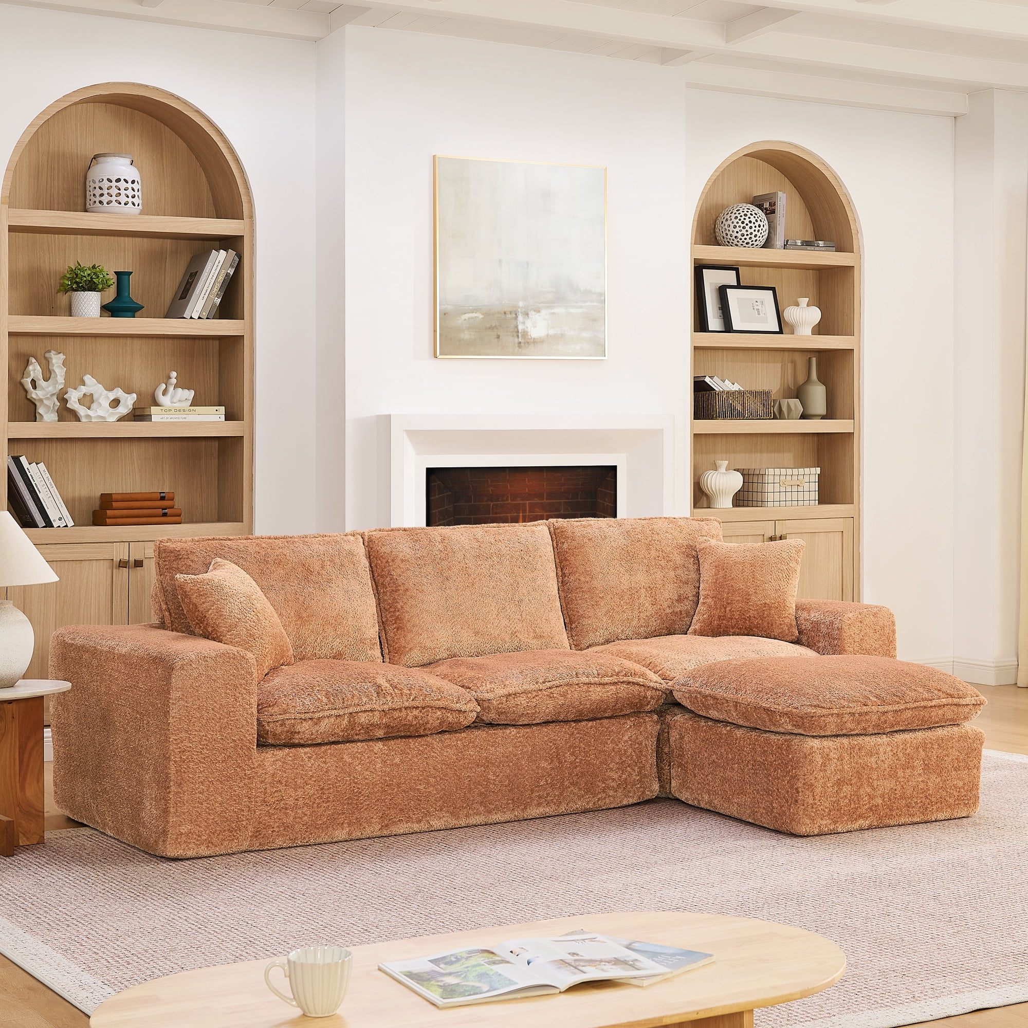 Mintazer 107" Modern L-Shaped Boucle Sectional Sofa with Reversible Ottoman, Cloud Soft Modular Couch with Pillows & Cushion for Living Room, Camel Brown