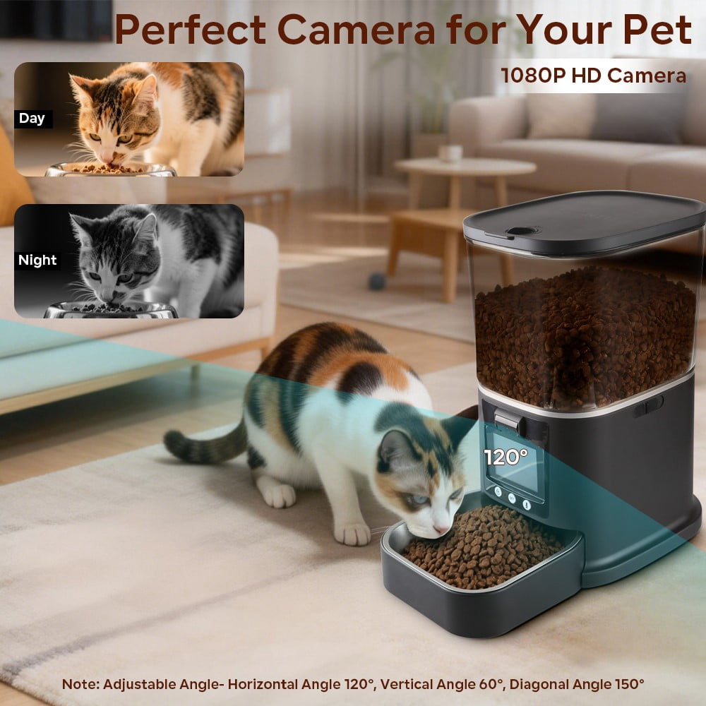 Myonaz 5L Automatic Cat Feeder with Camera 1080P HD, 2.4G/5G WiFi App Control, 2-Way Audio&Video Automatic Cat Food Dispenser (Black)