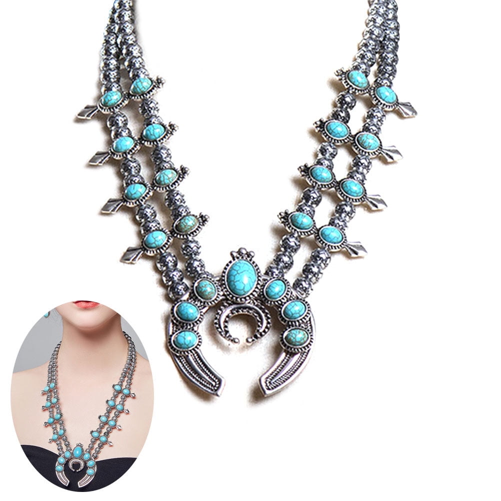 RENACLIPY Retro Ox Horn Necklace Vintage Alloy Sky-Blue Bohemia for Decoration