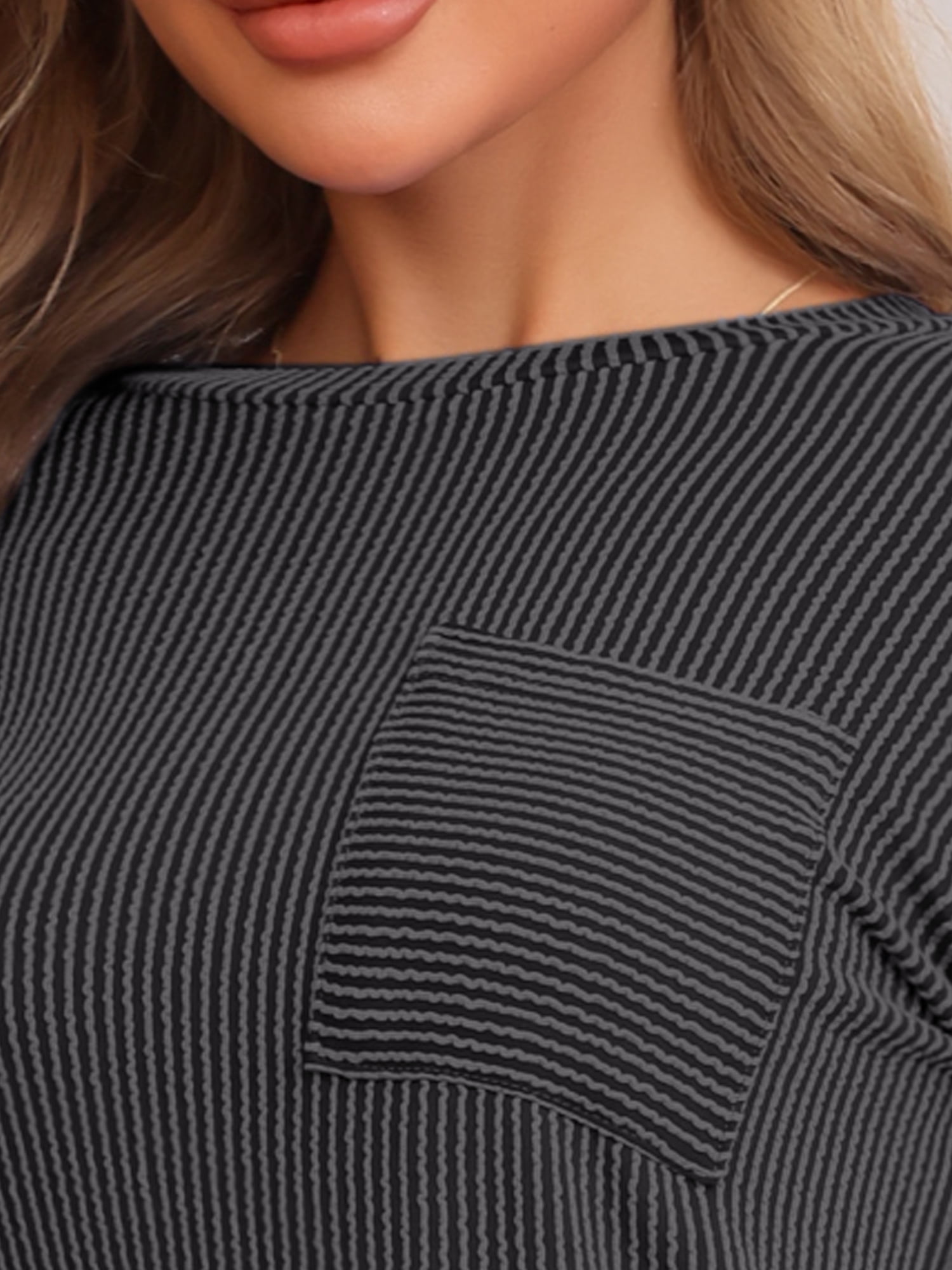 DARING DIVA Women's Long Sleeve Stripe Crewneck Soft Sleepdress with Pocket L Gray
