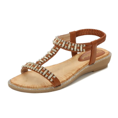 

ãYilirongyummã Coffee 39 Sandals Women Strap Sandals For Womens Elastic Wedges Sandals Roman Studded Shoes Women s Sandals