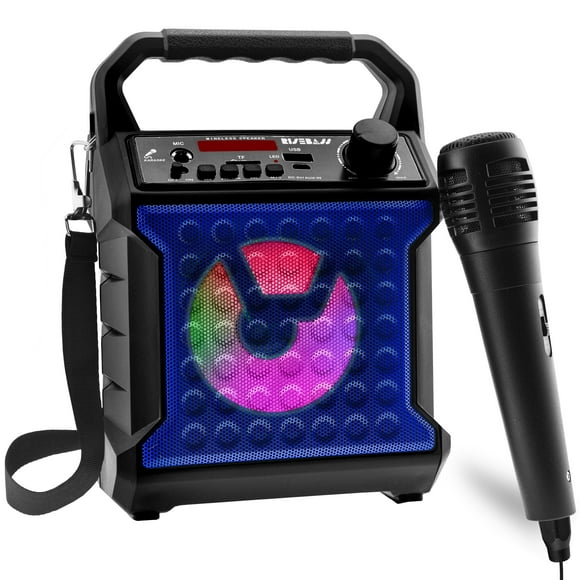 Risebass Machine de Karaoké Portable avec Microphone - Système de Karaoké à la Maison avec Lumières de Fête pour Enfants et Adultes - Haut-Parleur USB Rechargeable avec Radio FM, Support de Carte Sd / Tf et AUX-in