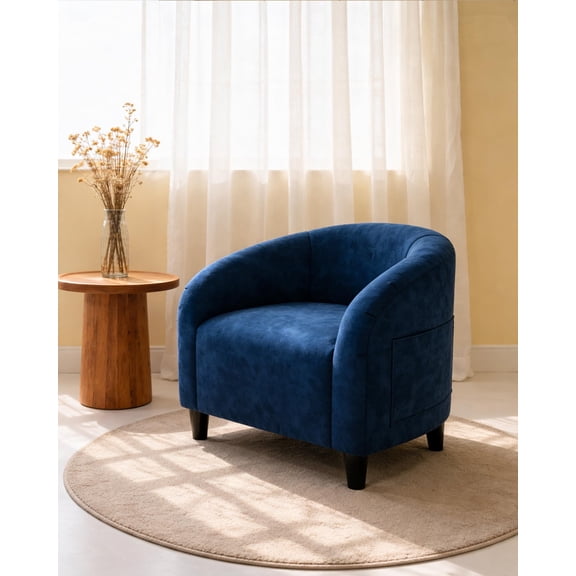 Blue Accent Chair Velvet Club Chair Comfy Armrest Barrel with Soft Padded Seat for Living Room
