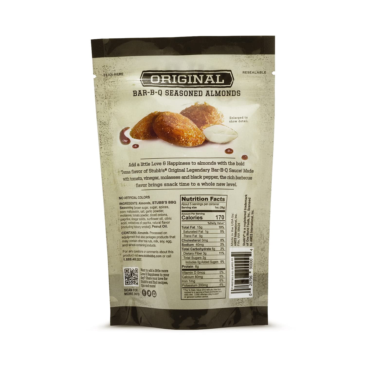 Stubb's Original BBQ Almonds, Healthy Snacks, 5oz Resealable Bag 5 Ounce (Pack of 1)