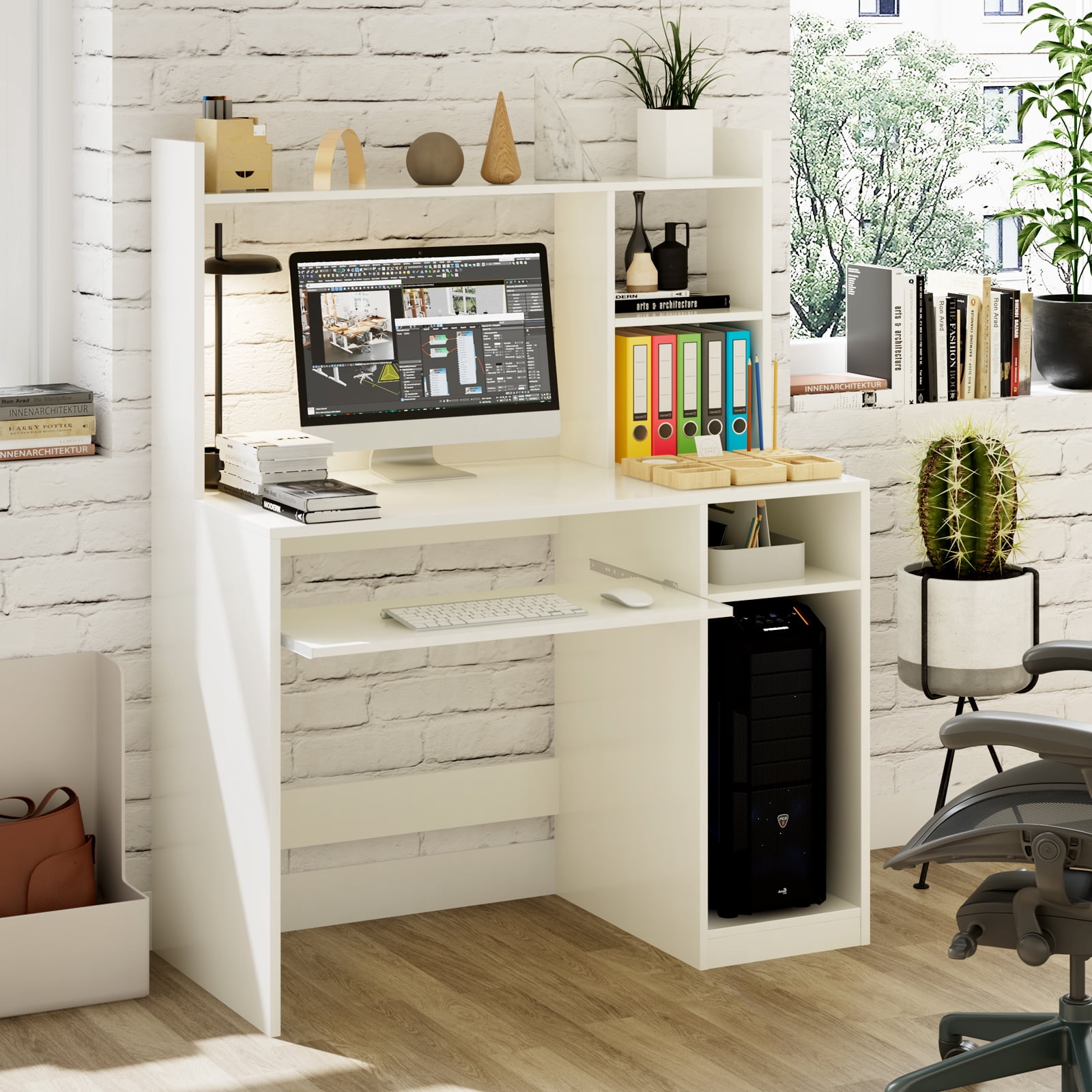 Topbuy Computer Desk with Storage Shelf Wooden Writing Desk w/ Hutch Office Desk with CPU Stand & Keyboard Tray