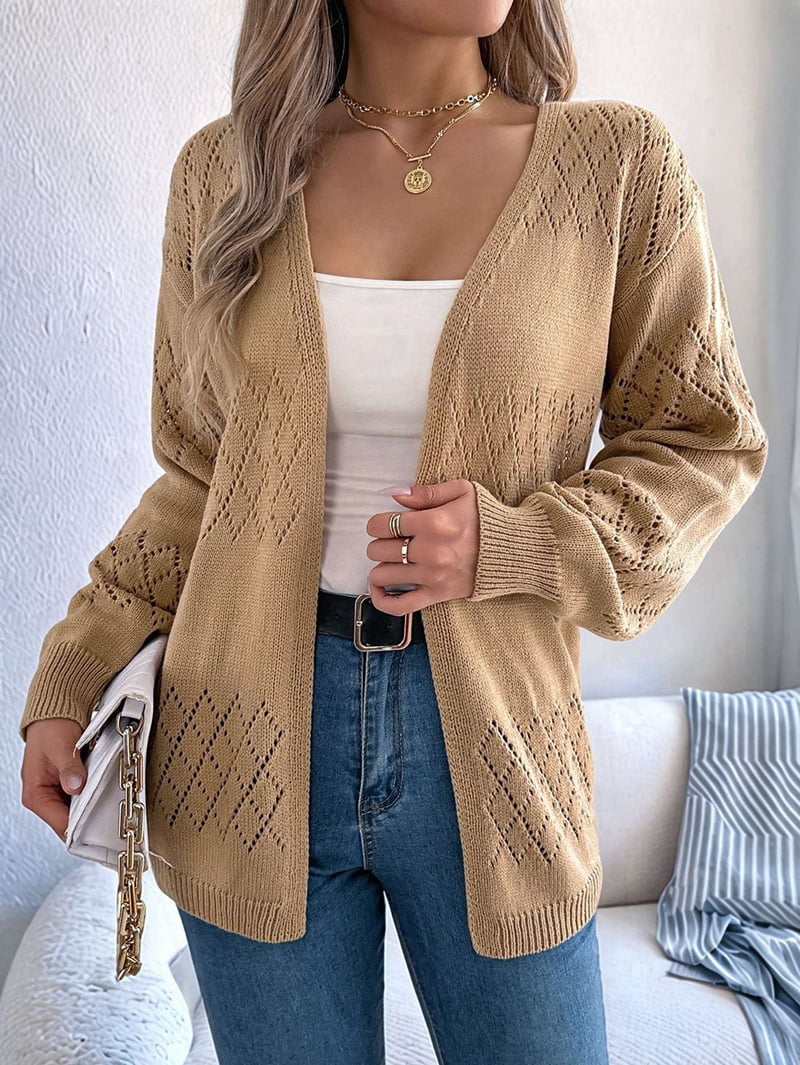 Womens Summer Crochet Cardigan Long Sleeve Light-Weight Casual Knit Sweaters Khaki M