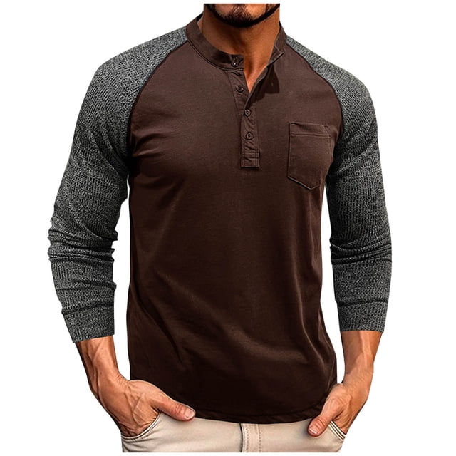 Blusas y camisas de manga larga y cuello redondo para hombre, informales, de color liso, con botones y bolsillos, de poliéster.