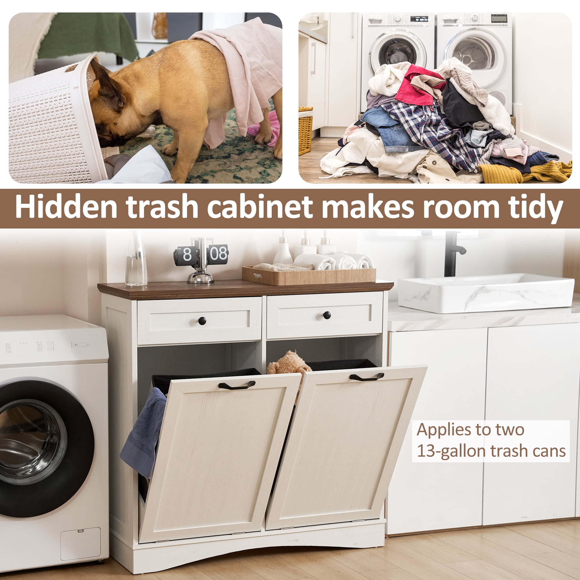 HARIPUL Double Tilt Out Trash Cabinet, 26 Gallon Trash Can Cabinet with Drawers & Handles for Kitchen, White/Dark Brown Top