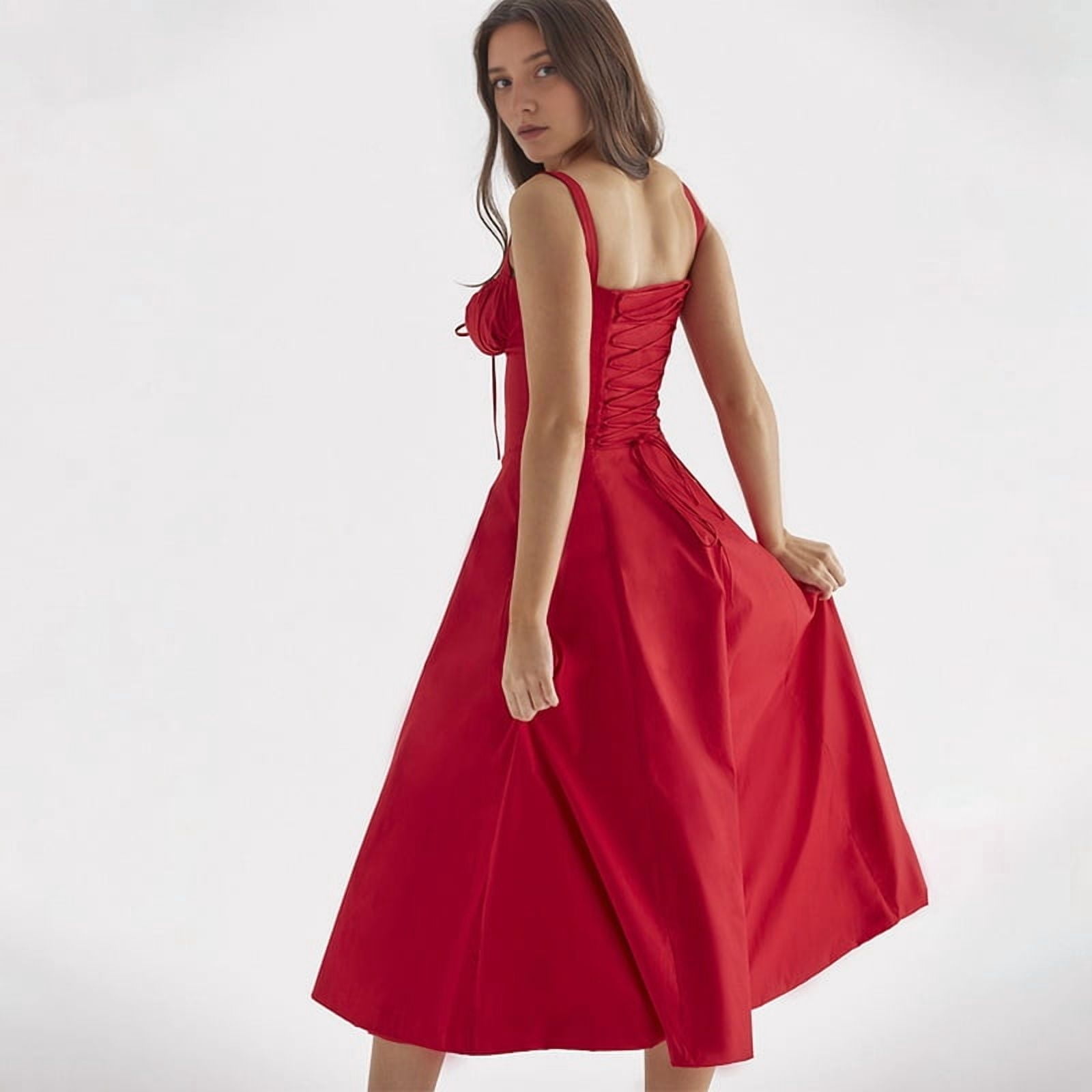 Women'S Summer Midi Corset Boho Dresses Casual Spaghetti Straps Lace Up Dress Flowy Aline Beach Sundress Red L