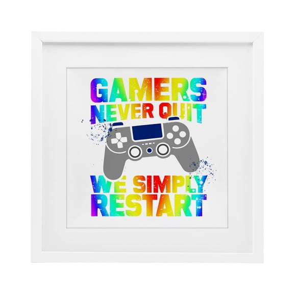 Rainbow Gamers Never Quit White Framed Print Under Glass, design by Kim Allen