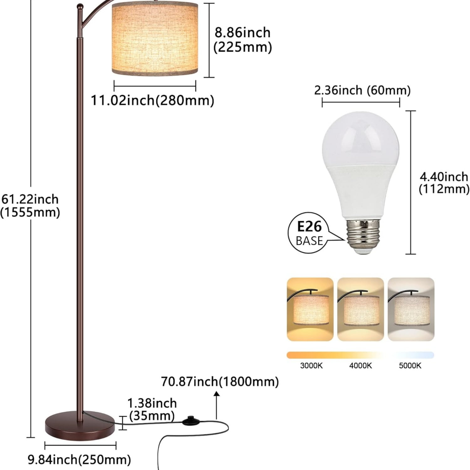 Floor Lamp for Living Room, LED Standing Lamp Tall Floor Lamp Reading for Bedroom, Office (9W LED Bulb, Beige Lampshade Included) -Oil-Rubbed Bronze