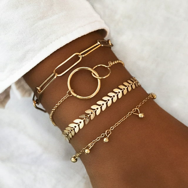 FcBaudy Ensemble de 4 Pcs d'Été pour Femmes Style Punk Bracelet de Plage Chaîne Jonc Bracelet Mode
